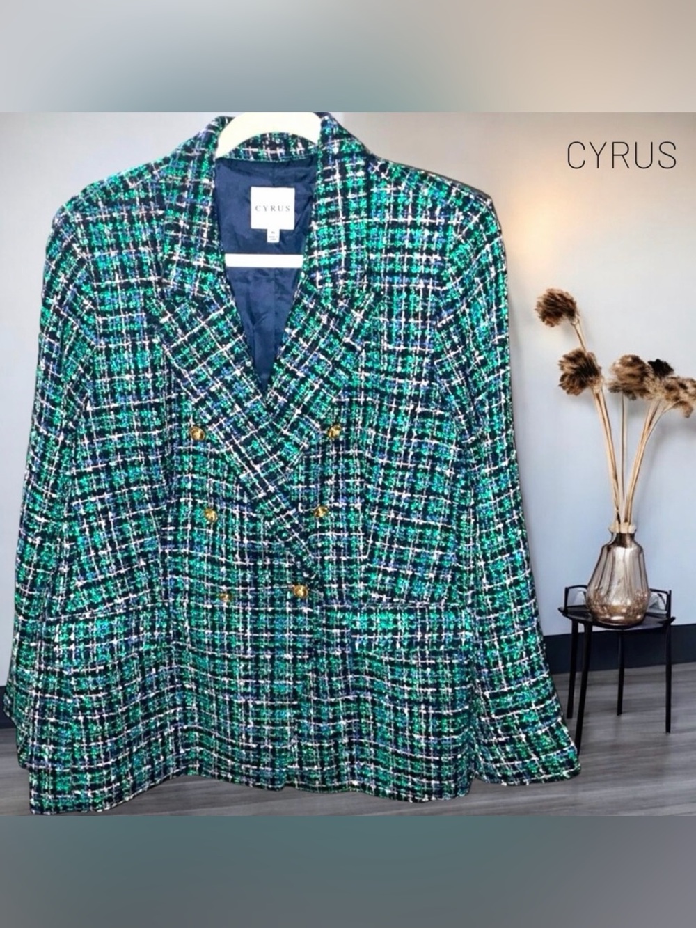 CYRUS Double Breasted with metallic/lurex threads tweed blazer. Size XL